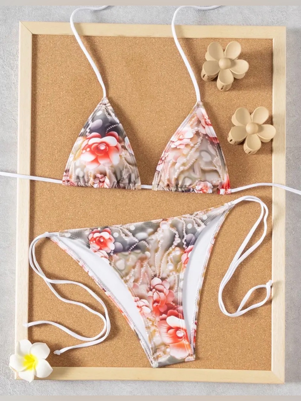 NWT Luxury look Pearl & Flower Pattern Bikini Set Triangle String Bikini